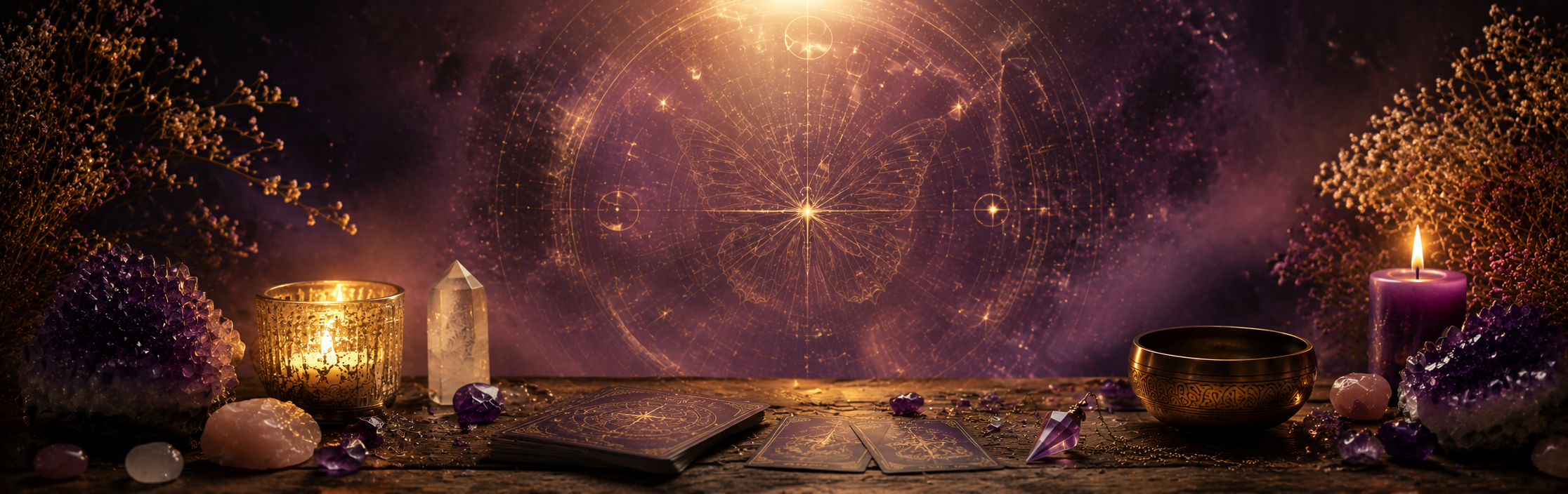 Sfeervol altaar met tarotkaarten, kristallen en kaarslicht